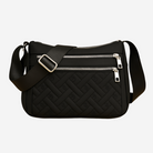 A black crossbody bag with multiple zippers and a leather strap.