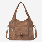 A brown leather shoulder bag with multiple zippers and a front pocket.